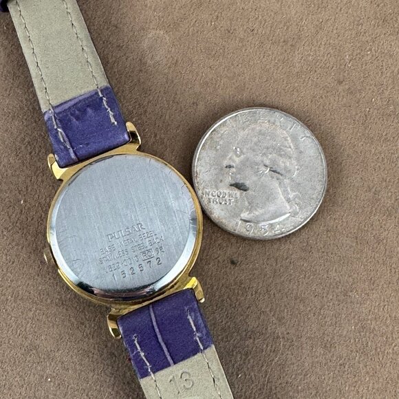 Vintage Pulsar Moon Phase Gold Tone Watch Lavender Embossed Leather Strap - Picture 7 of 7